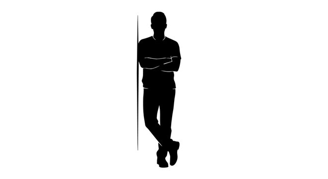 Black silhouette of a man leaning against a wall arms crossed, isolated on transparent background