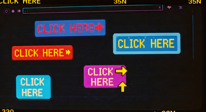 Retro Pixel Art Click Here Buttons on Glitchy Digital Screen