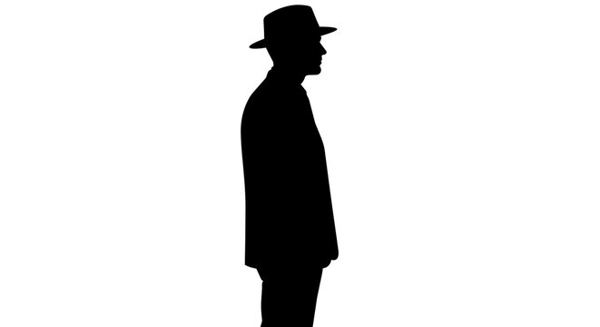 Black silhouette of a man in a fedora hat and suit, isolated on transparent background