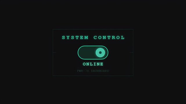 Futuristic digital system control interface showing an online status with a glowing cyan toggle switch