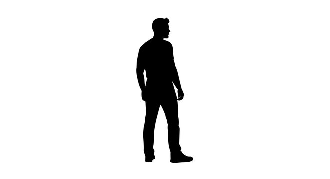 Black silhouette of a man in jeans and sneakers, isolated on transparent background