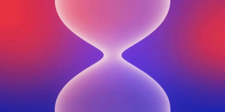 3D render and vector illustration of colorful heart shaped balloons and a pink glass hourglass symbol representing romantic love and time on a blue background