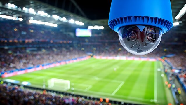 Electric blue security camera mounted on stadium ceiling capturing crowd during sports event night, modern surveillance technology ensuring safety monitoring in large public venue environment
