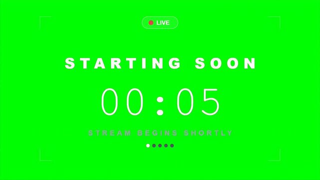 Digital countdown timer for live streaming broadcasts with starting soon and stream begins shortly messages