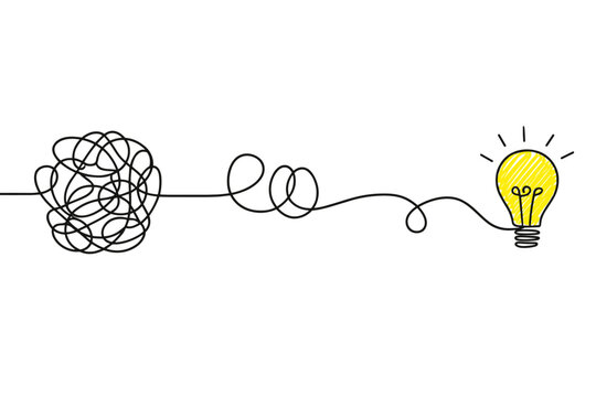 Minimalist light bulb idea concept vector, tangled messy line transforming into clear insight, creative problem solving and innovation metaphor
