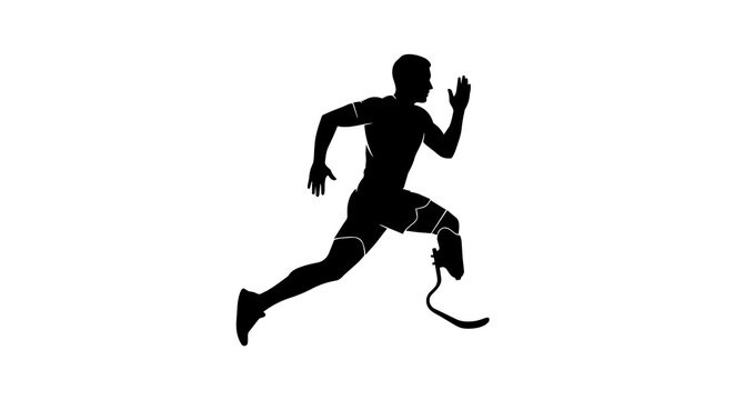 Black silhouette of male runner with prosthetic leg, isolated on transparent background
