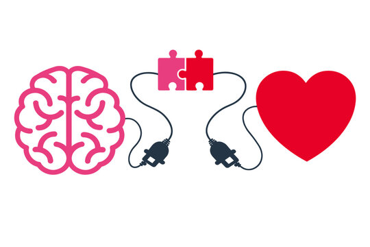Emotional intelligence concept vector, human brain and heart connected by electrical plugs and puzzle pieces, balance between logic and feelings