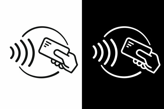 Contactless payment icon set, hand holding credit card for NFC transaction, wireless tap to pay vector symbols for retail checkout and banking