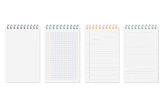 Spiral notebook vector set with blank, lined, and squared paper pages. Realistic white notepad collection for office stationery and school education supplies.