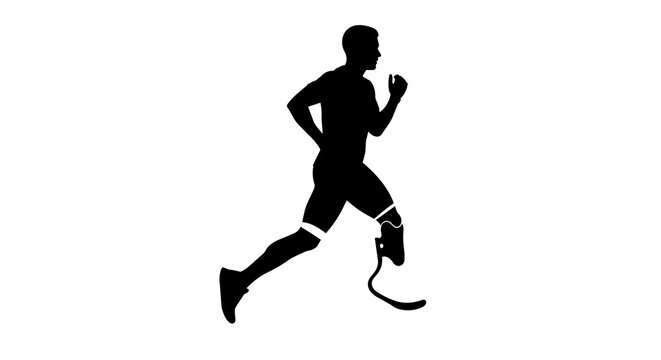 Black silhouette of male runner with prosthetic leg, isolated on transparent background