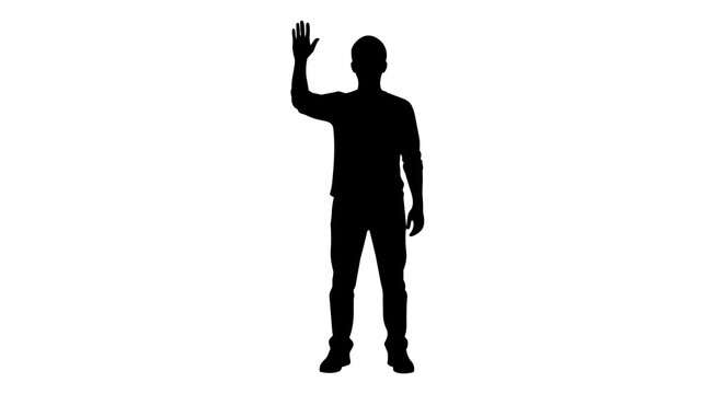 Black silhouette of a man waving hello, isolated on transparent background