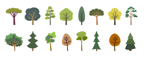 Naklejka premium Collection of stylized trees with title text in flat vector style. Includes various types of deciduous and evergreen trees in different shapes and colors. Perfect for nature design, infographics, maps