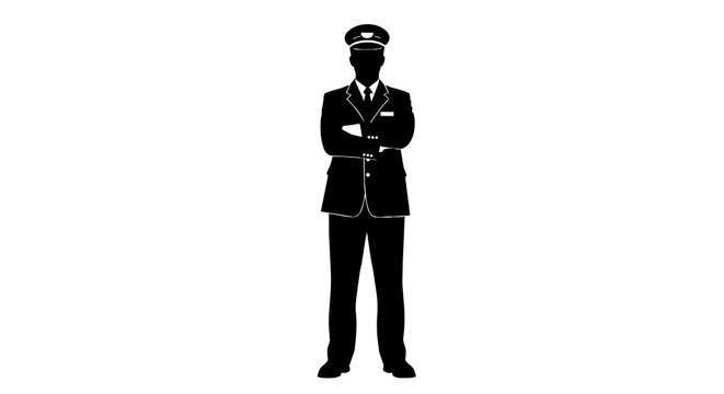 Black silhouette of a man in a uniform and cap arms crossed, isolated on transparent background