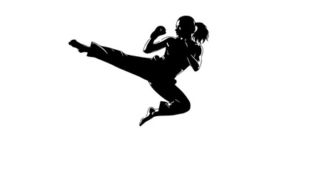 Obraz premium Female martial artist performing a flying side kick, isolated on transparent background