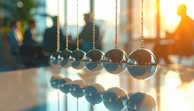 Newton cradle steel balls hanging in executive office setting demonstrating physics of momentum and corporate business strategy