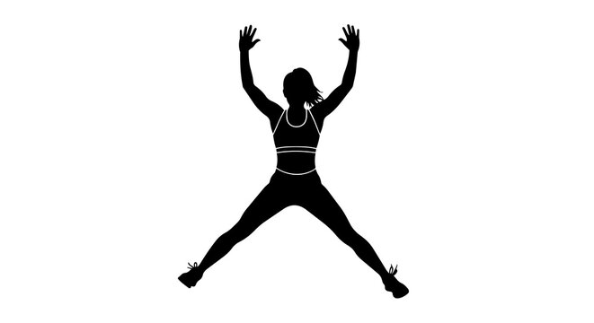 Athletic woman silhouette jumping jacks, isolated on transparent background