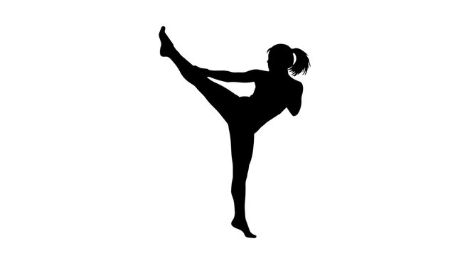 Female silhouette performing high kick, isolated on transparent background