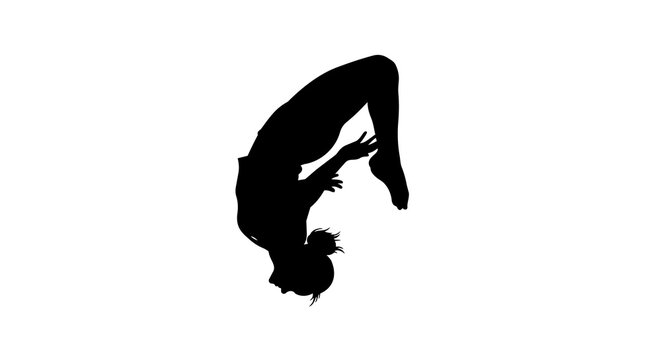 Black silhouette of a female gymnast performing a backflip, isolated on transparent background