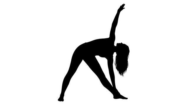 Black silhouette of a woman performing a yoga triangle pose, isolated on transparent background