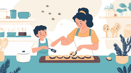 Obraz premium Illustration of a woman and child baking together, preparing food in a stylized kitchen
