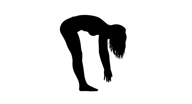 Black silhouette of a woman bending forward with arms hanging down, isolated on transparent background