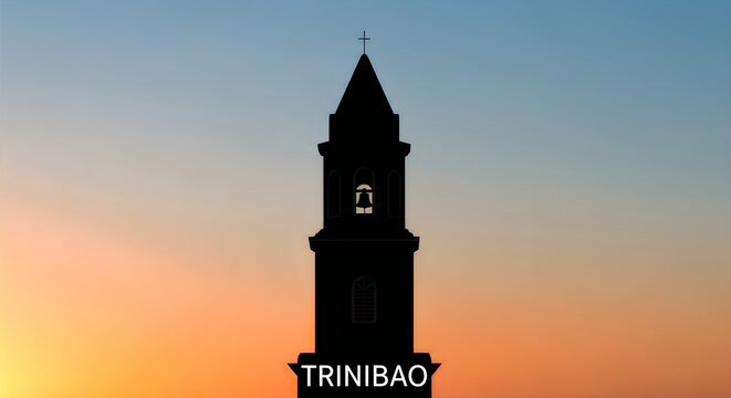 Silhouette of Church Bell Tower against Sunset Sky with Trinibao Text