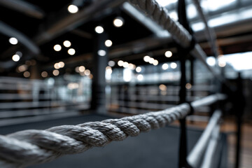Fototapeta premium A sleek boxing ring is highlighted with vibrant lighting, creating a dramatic and inviting atmosphere for training and competition, perfect for athletes and sport enthusiasts.