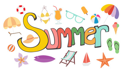 Fototapeta premium Set of cute summer icons. Hand drawn vector illustration.