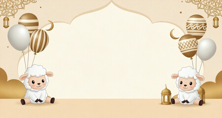 Fototapeta premium Cute Cartoon Sheep Islamic Background with Lanterns and Balloons Eid Design