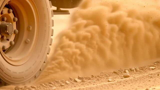 Military convoy crossing deserted wasteland concept. Heavy vehicle tire kicking up dust and rocks on rough dirt road in arid environment