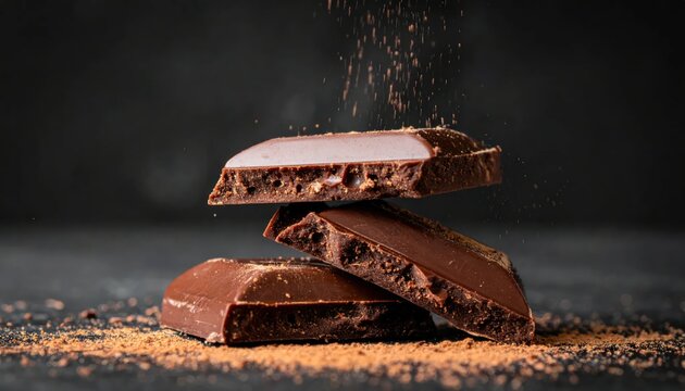Delicious Chocolate Pieces Stacked on a Dark Surface with Cocoa Powder.