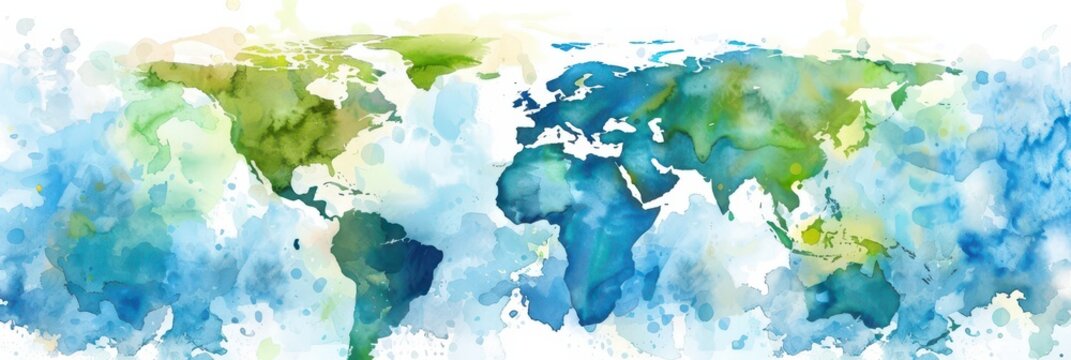 Artistic map watercolor celebrating world hydrography day with ocean and land patterns