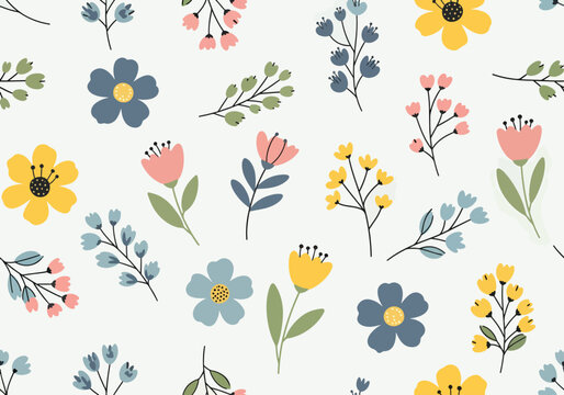 Seamless wild rose pattern with delicate petals and thorns arranged in a natural flowing composition