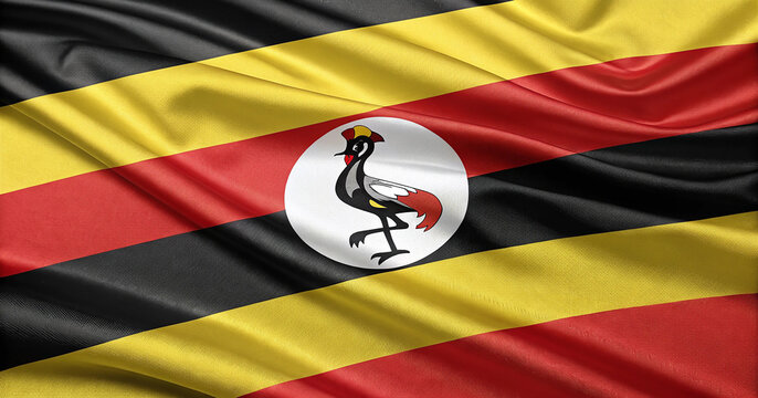 Waving flag of Uganda background with elegant satin folds and deep shadows. National symbol of the Republic of Uganda fluttering for Independence Day concept