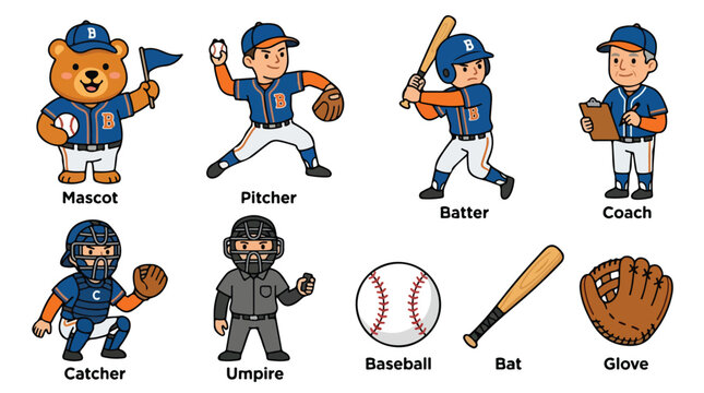 Cartoon baseball team featuring mascot, pitcher, batter, coach, catcher, umpire with bat, ball and glove
