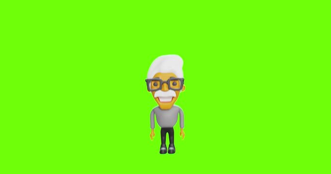 Cartoon human character on green monochrome background. 3d render video.