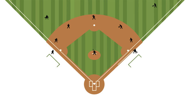 Aerial top-down view of a baseball diamond with players positioned on green outfield grass and brown dirt infield