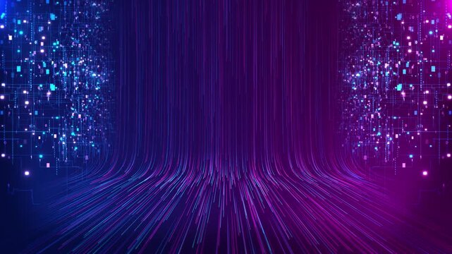 Glowing data streams vibrant purple and blue gradients modern digital landscape. high speed data transfer, cloud systems, futuristic technology environments motion, depth, immersive visual energy.
