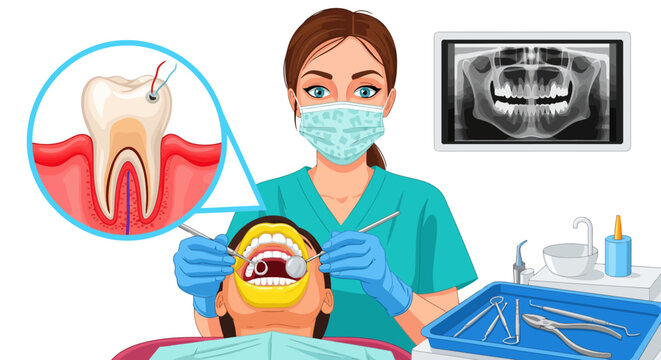 Female dentist examining patient teeth in dental clinic illustration