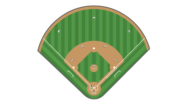 Top-down aerial view of classic baseball field with lush green outfield grass and dirt infield diamond pitcher's mound
