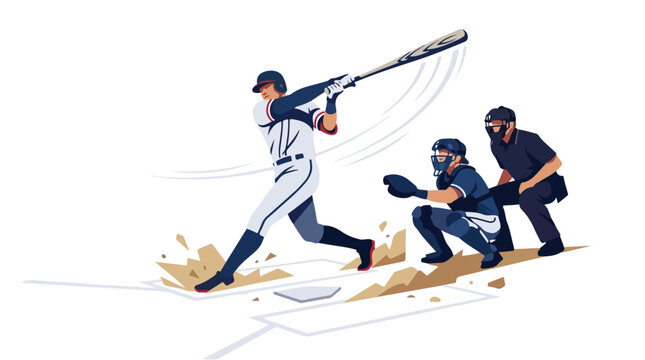 Baseball batter powerfully swings bat at home plate with catcher and umpire in dynamic game action