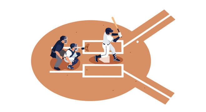 Baseball batter swings bat at home plate with catcher crouching and umpire standing watchfully on diamond field