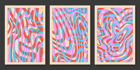 Obraz premium Psychedelic swirl pattern with groovy waves and vibrant retro colors. Abstract trippy vector background with flowing liquid textures and funky geometric shapes, poster set with optical illusion