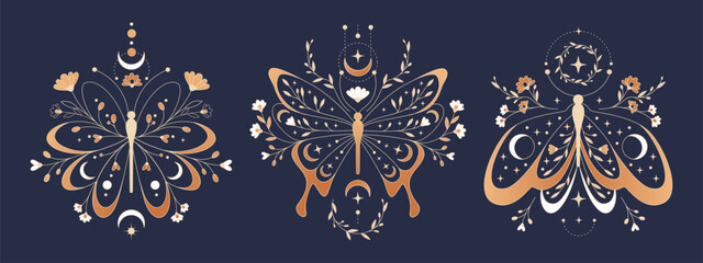 Obraz premium Celestial moth with moon phases and stars in boho style, vector illustration isolated on black. Mystical butterfly tattoo with eyes on wings, flowers, and esoteric symbols for witchy tarot card design