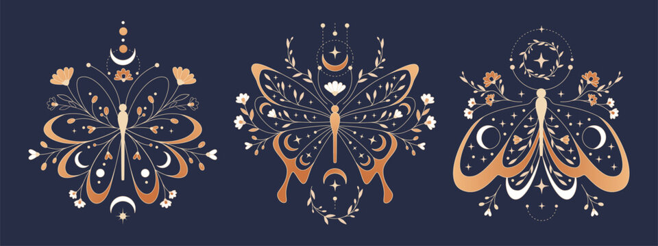 Celestial moth with moon phases and stars in boho style, vector illustration isolated on black. Mystical butterfly tattoo with eyes on wings, flowers, and esoteric symbols for witchy tarot card design