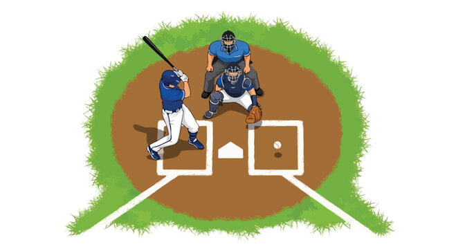 Baseball batter at home plate with catcher and umpire on green grass infield diamond