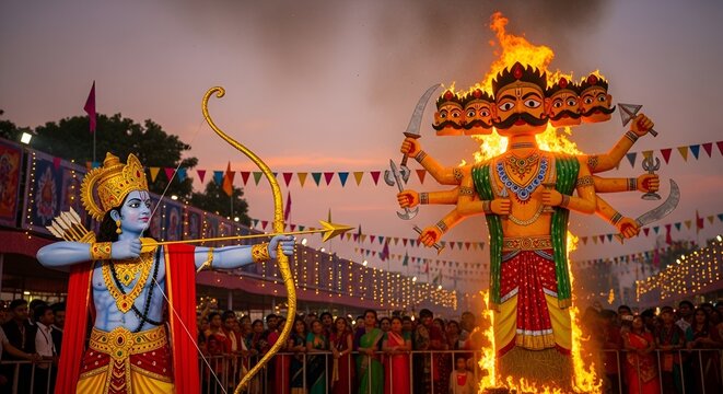 Lord Rama shoots burning effigy of Ravana during Dussehra festival celebration