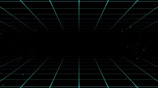 3D cyan grid looping animation with moving particles on black background