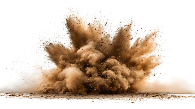 Brown dust exploding in the mid-air, isolated on a white background