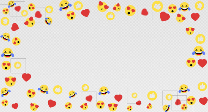 Social media like emotion icon border, hearts, thumb up, laugh reaction, cartoon vector illustration isolated on transparent background. Livestream comment, network marketing, digital content feedback